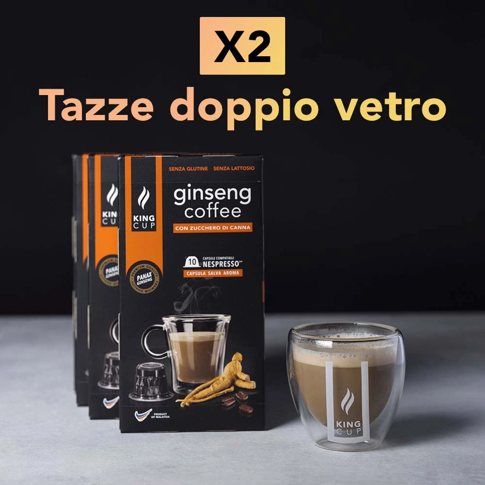 2 tazzine omaggio + 100 capsule Ginseng Coffee Con zucchero di canna  Nespresso®*