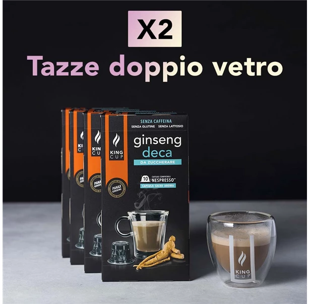 2 tazzine omaggio + 100 capsule Ginseng Coffee Deca Nespresso